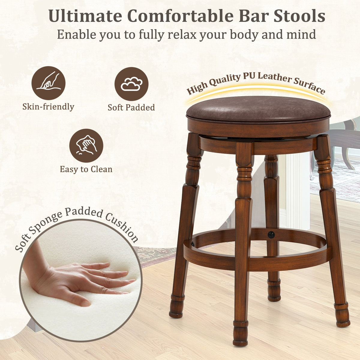 Set of 2 29-Inch Swivel Leather Padded Dining Bar Stools