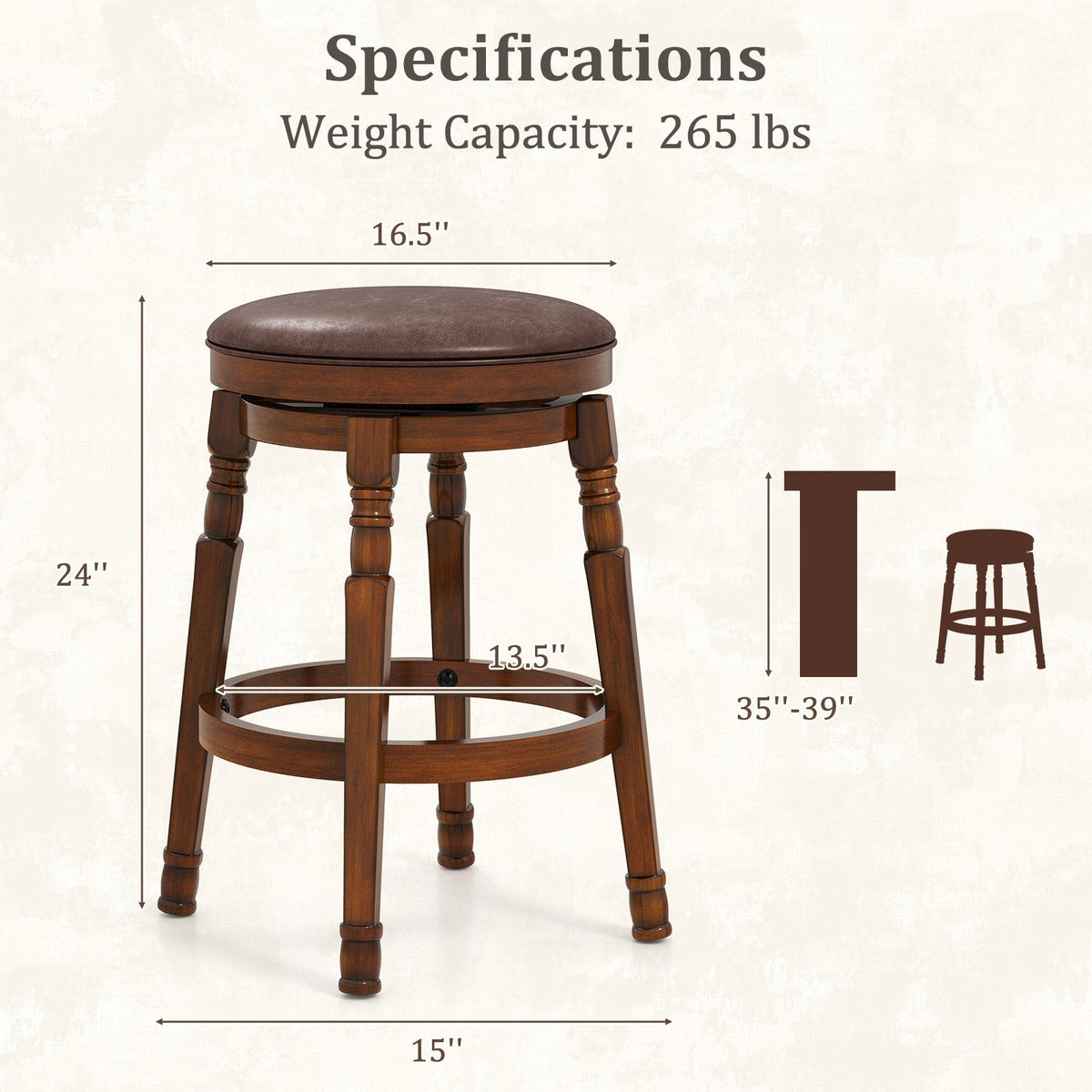 Set of 2 29-Inch Swivel Leather Padded Dining Bar Stools