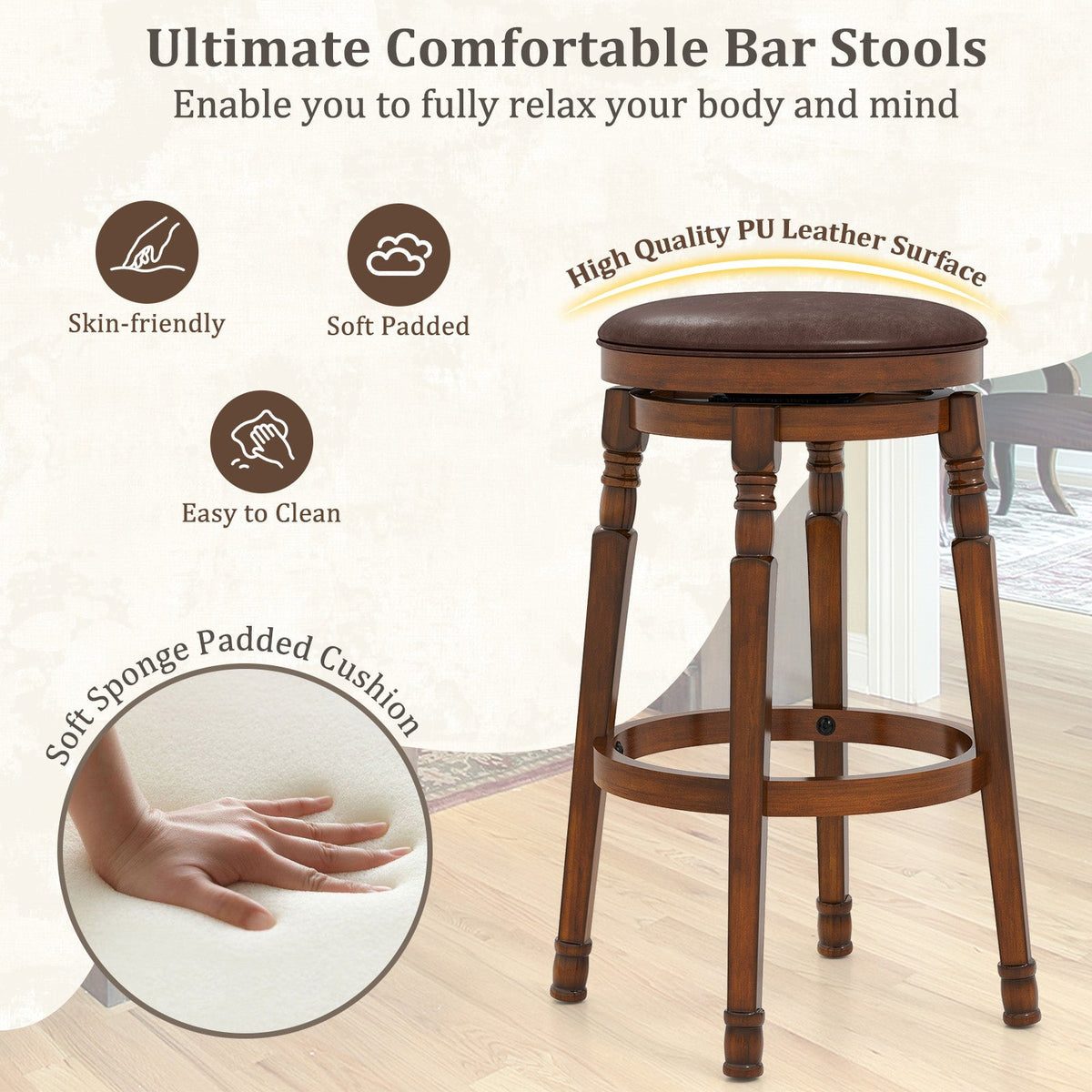 Set of 2 29-Inch Swivel Leather Padded Dining Bar Stools
