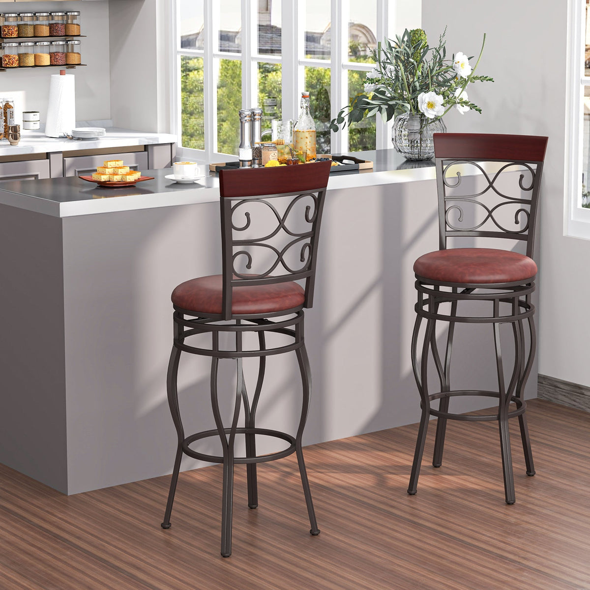 30 Inch 360° Swivel Bar Stools Set of 2 with Leather Padded Seat