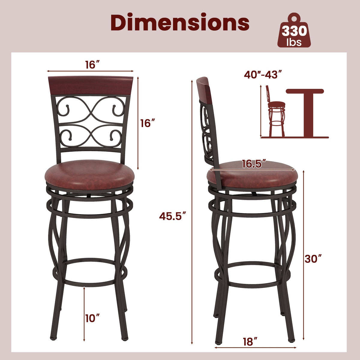 30 Inch 360° Swivel Bar Stools Set of 2 with Leather Padded Seat