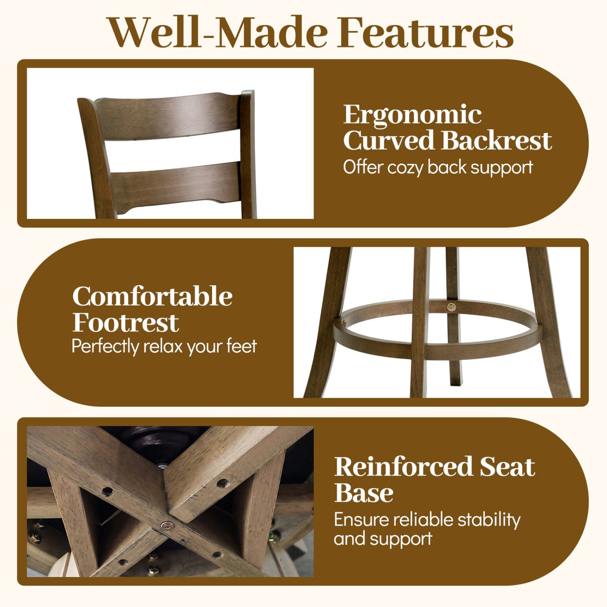 Swivel Bar Stools with Curved Backrest and Upholstered Seat