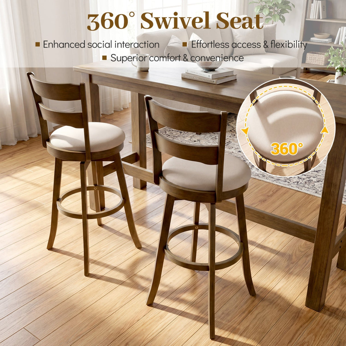 Swivel Bar Stools with Curved Backrest and Upholstered Seat