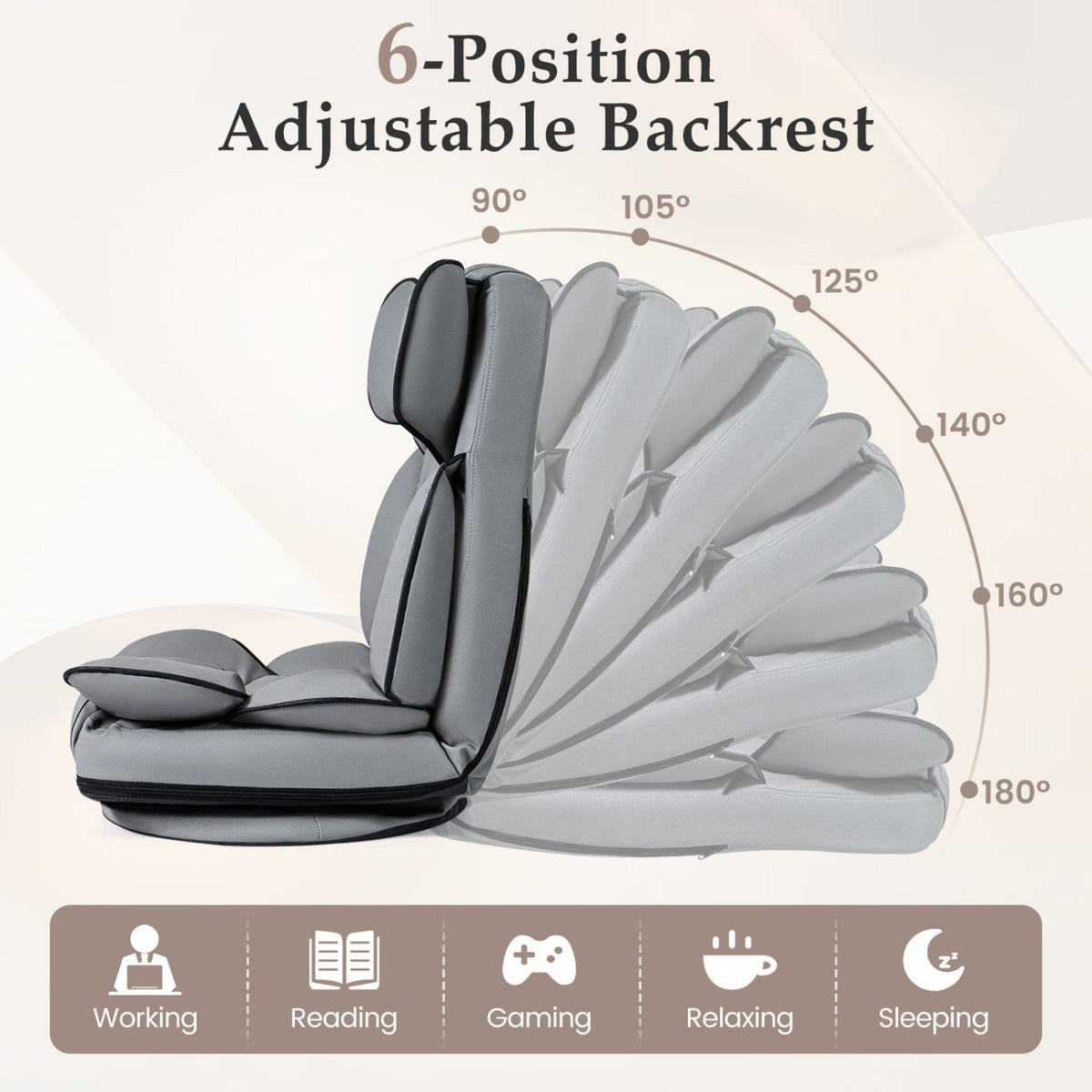 360 Degree Swivel Floor Gaming Chair with 6-Position Adjustable Backrest and Sponge Filling