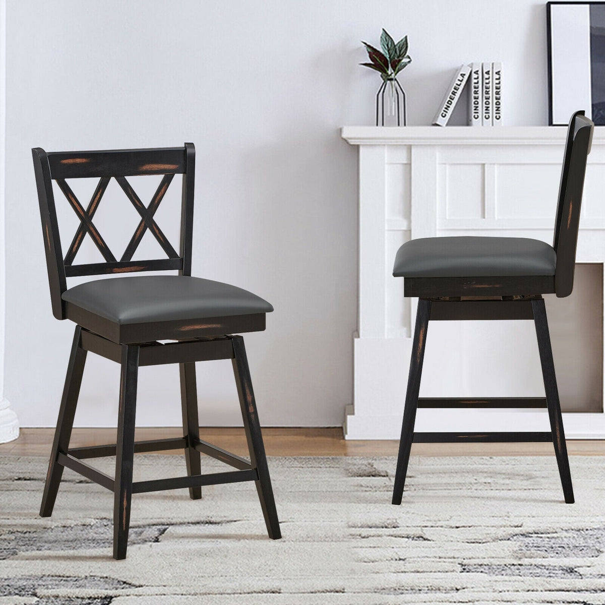 2-Piece Swivel Counter-Height Bar Stools with Rubberwood Legs