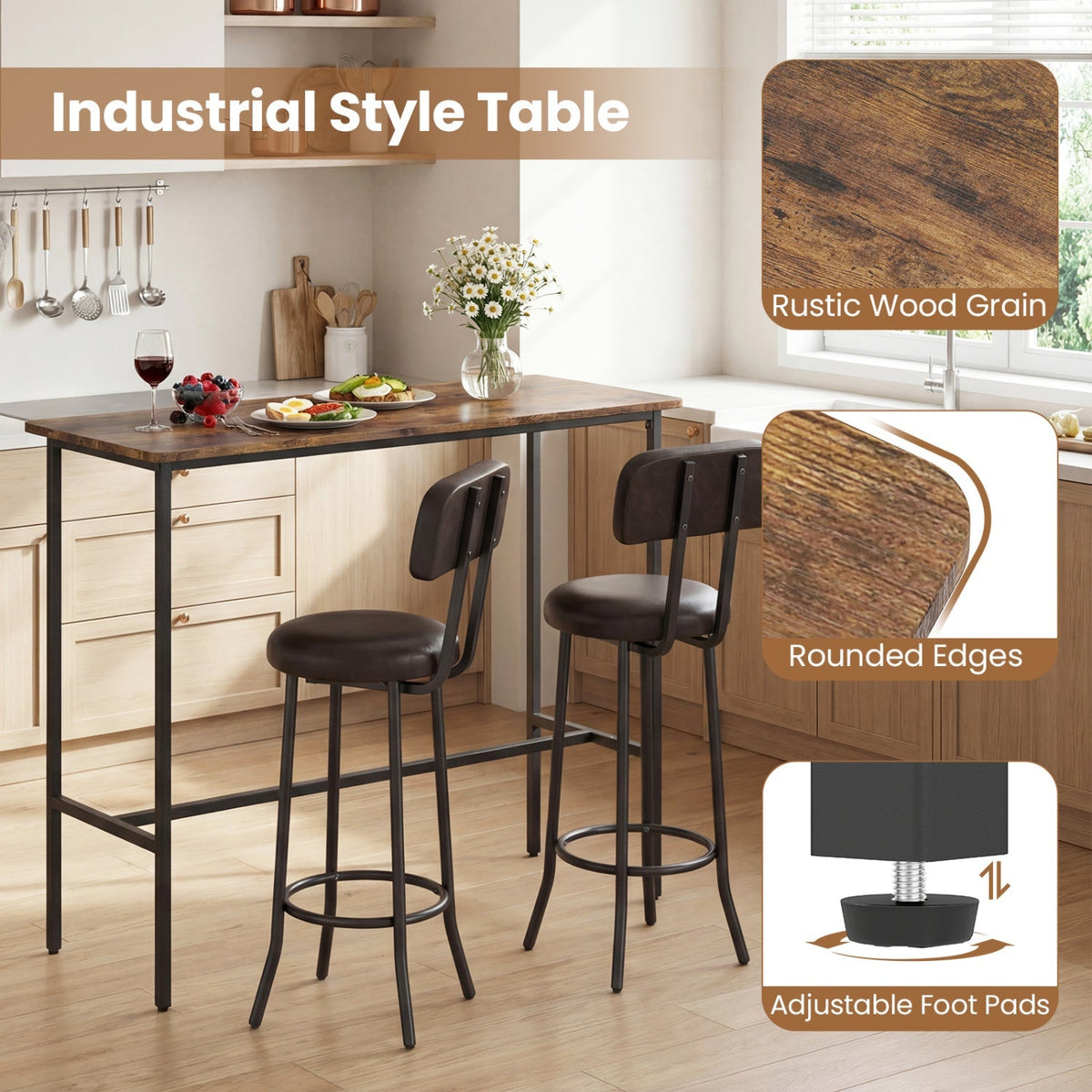 3-Piece Industrial Bar Table Set with 2 Upholstered Stools and Footrests for Dining Room