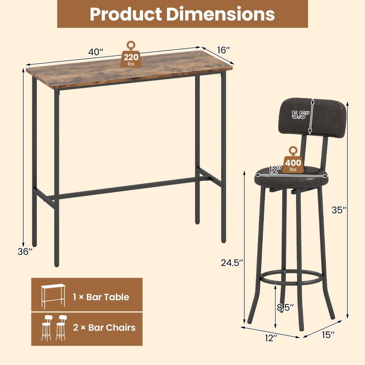 3-Piece Industrial Bar Table Set with 2 Upholstered Stools and Footrests for Dining Room