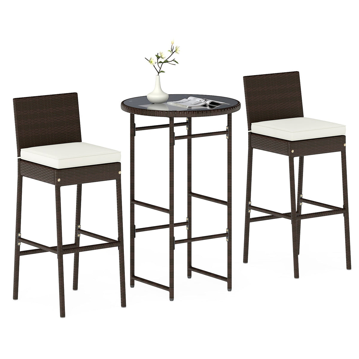 Outdoor Bar Set with 2 Wicker Bar Stools and Table - 3-Piece