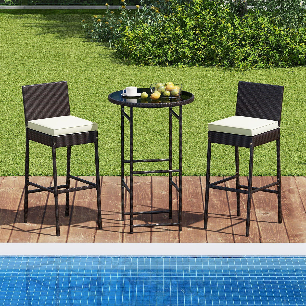 Outdoor Bar Set with 2 Wicker Bar Stools and Table - 3-Piece