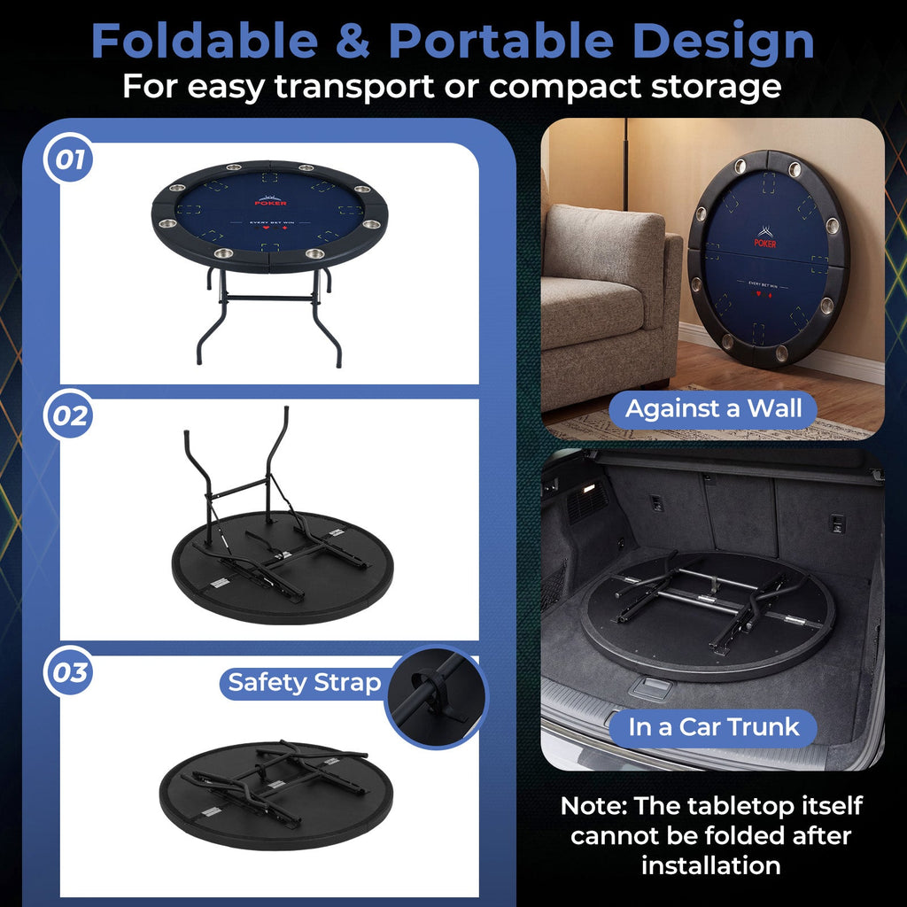 48" Foldable Poker Table with 8 Cup Holders and Padded Edges