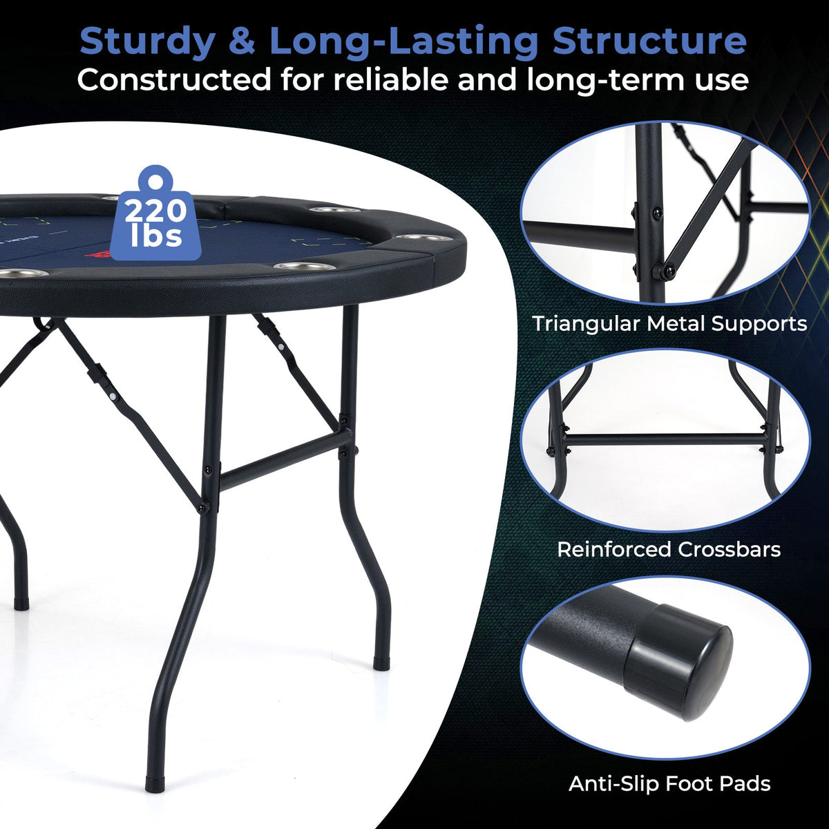 48" Foldable Poker Table with 8 Cup Holders and Padded Edges