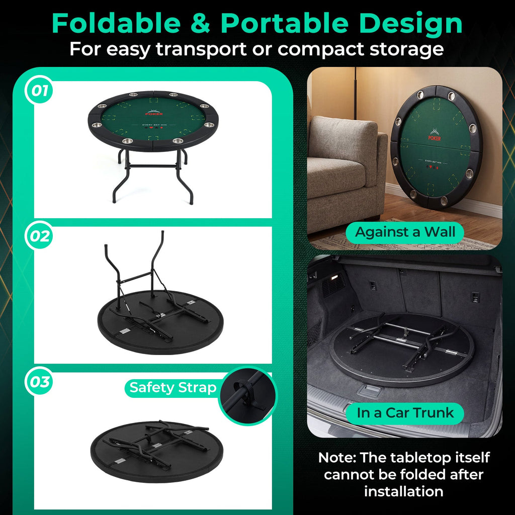 48" Foldable Poker Table with 8 Cup Holders and Padded Edges