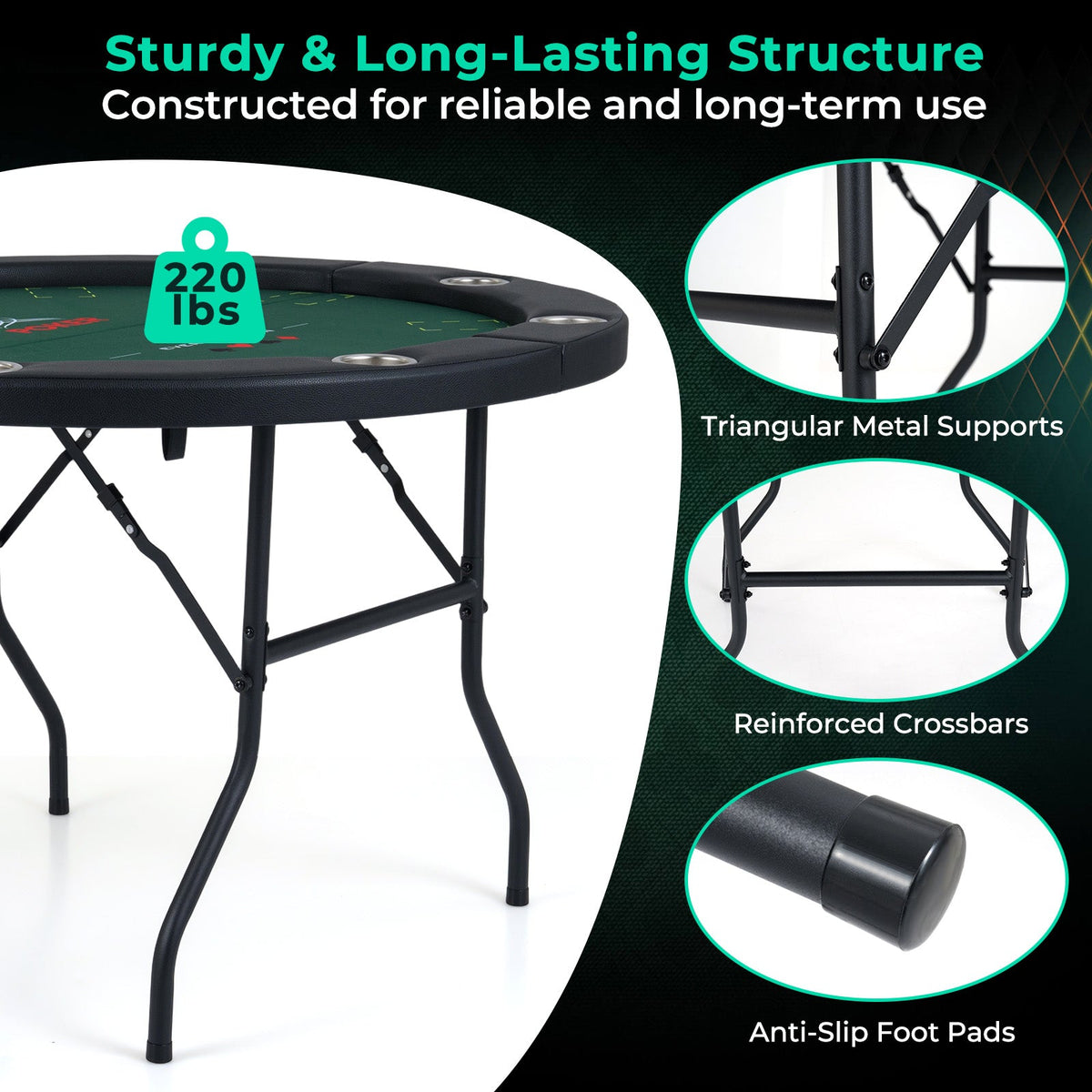 48" Foldable Poker Table with 8 Cup Holders and Padded Edges