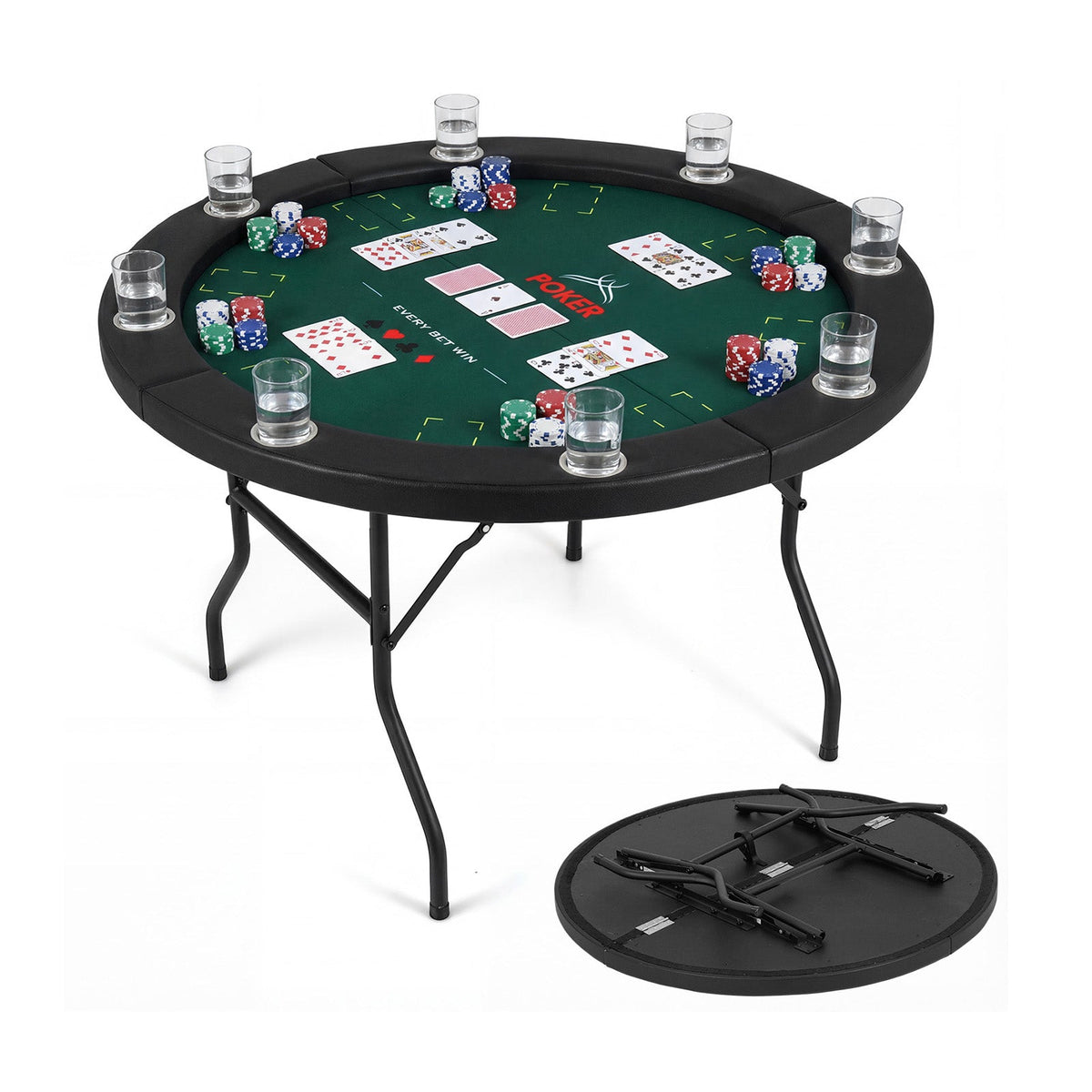 48 in Foldable Poker Table | 8 Cup Holders, Padded Edges