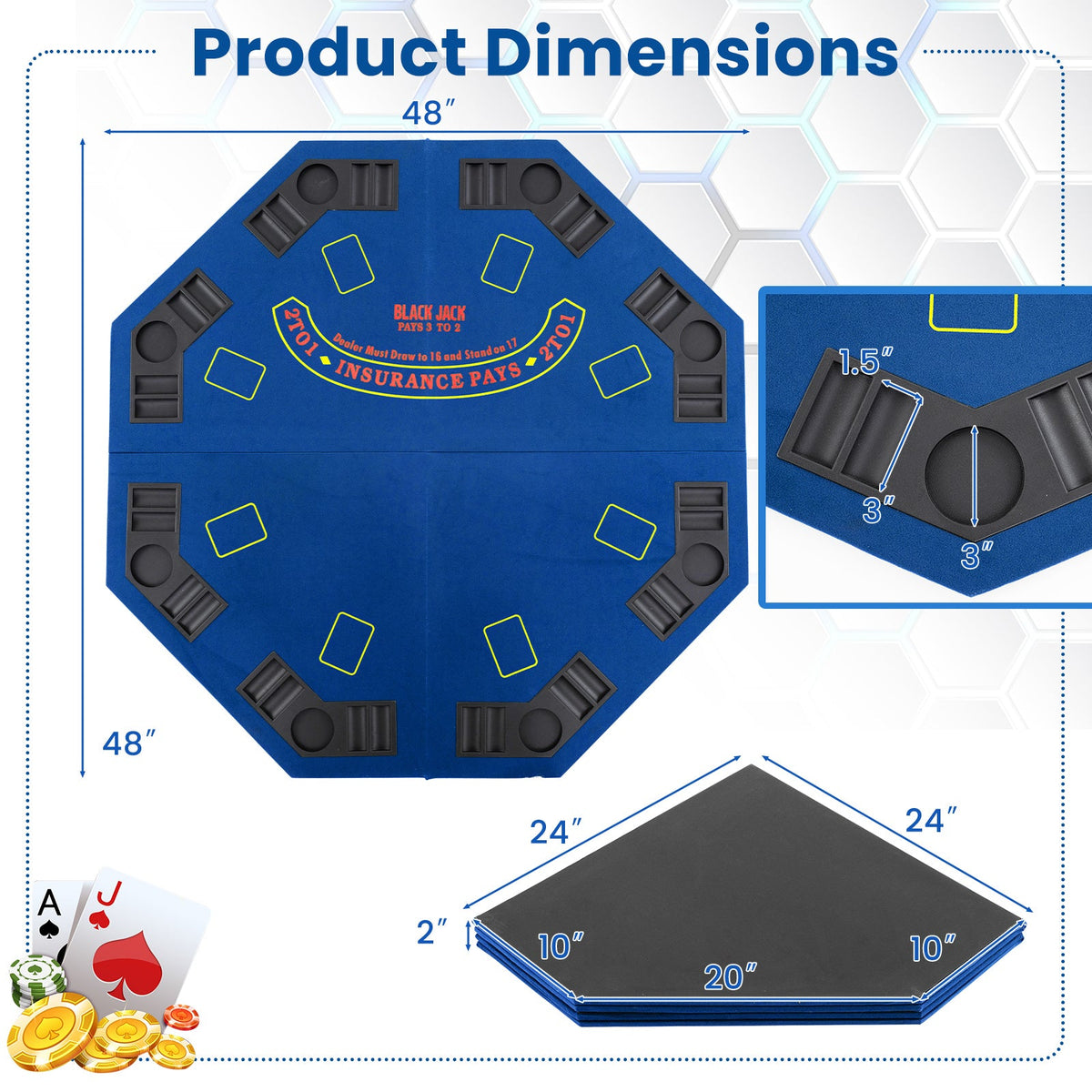 48" Foldable Poker Tabletop with Cup Holders & Chip Trays