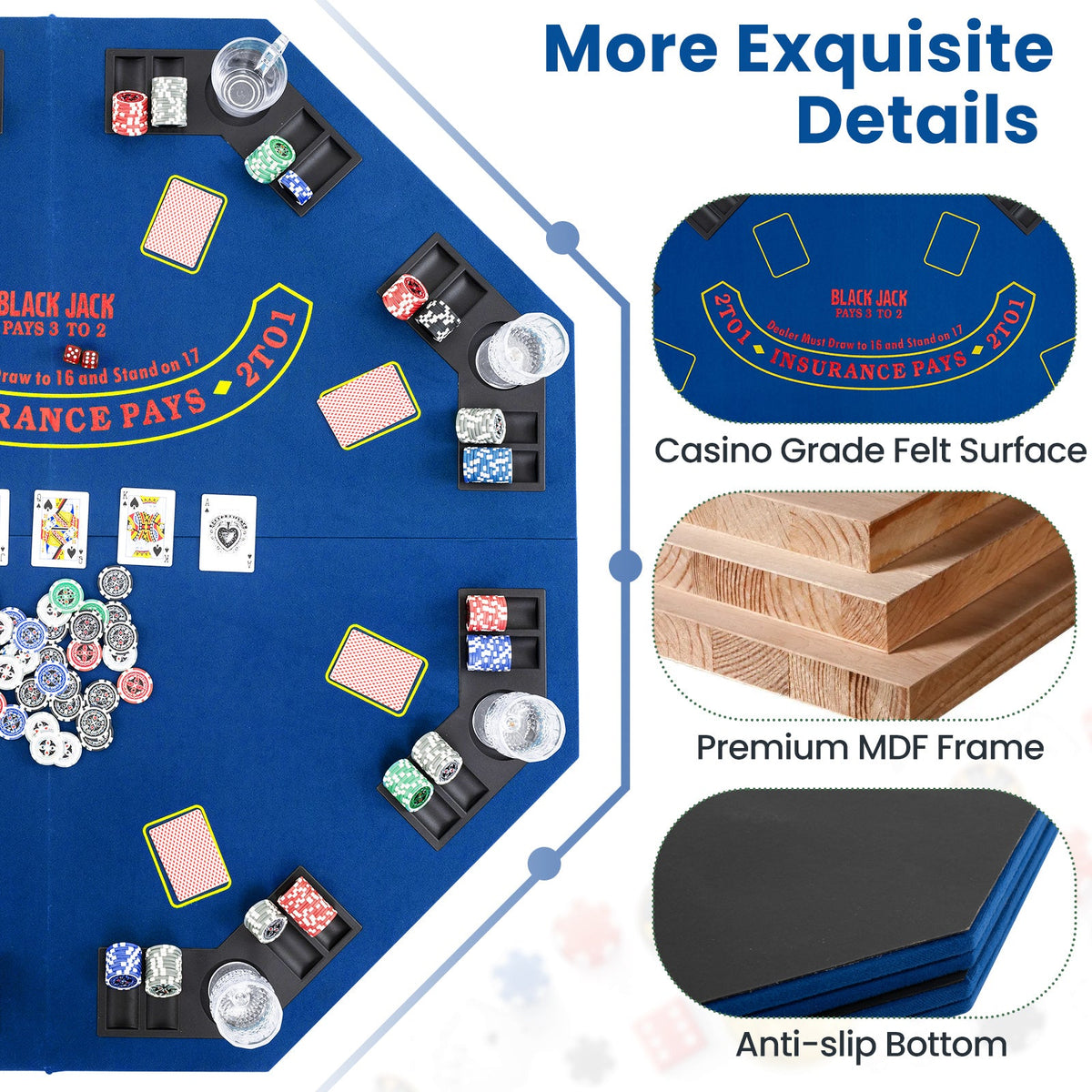 48" Foldable Poker Tabletop with Cup Holders & Chip Trays