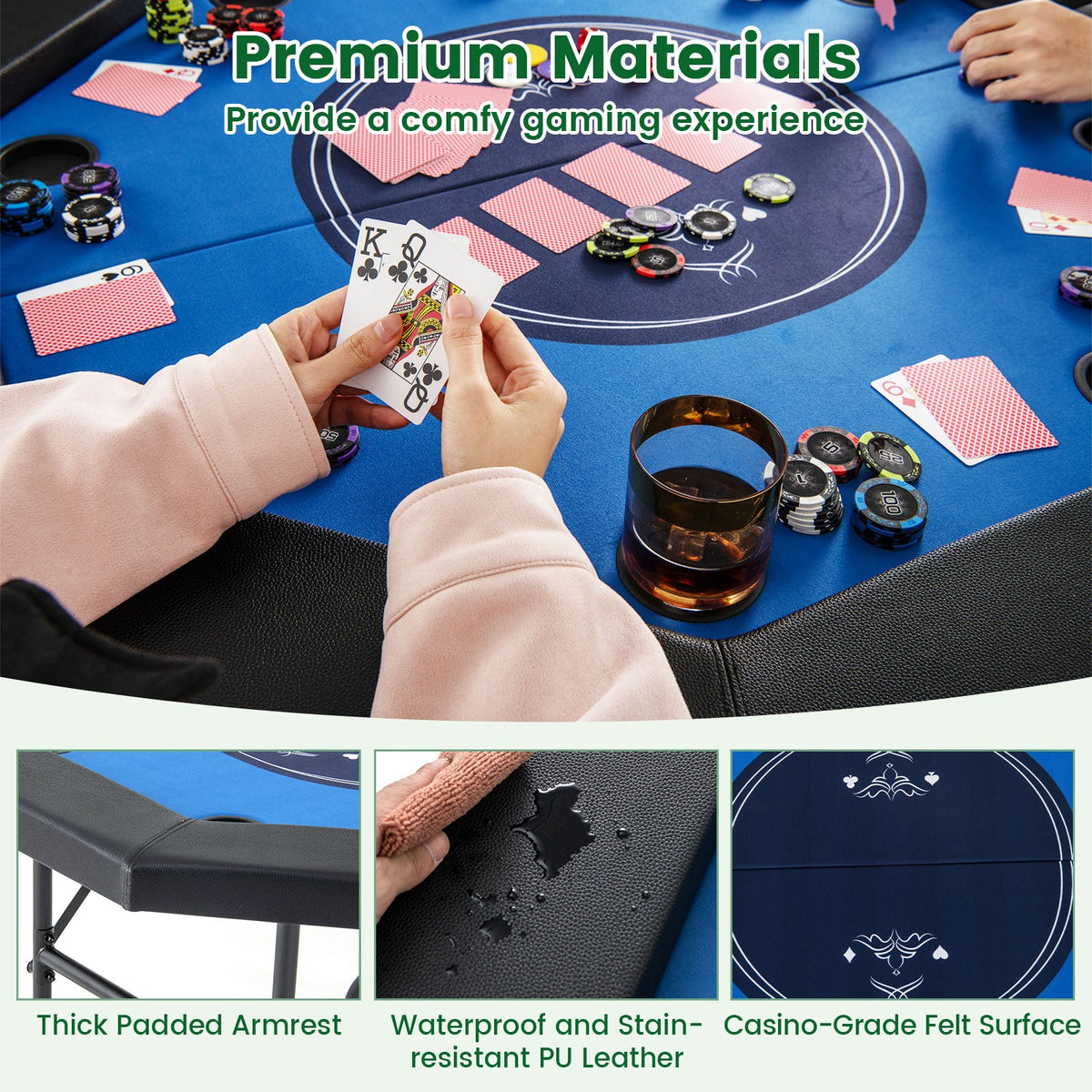 48" Foldable Poker Table with Padded Rails and Cup Holders