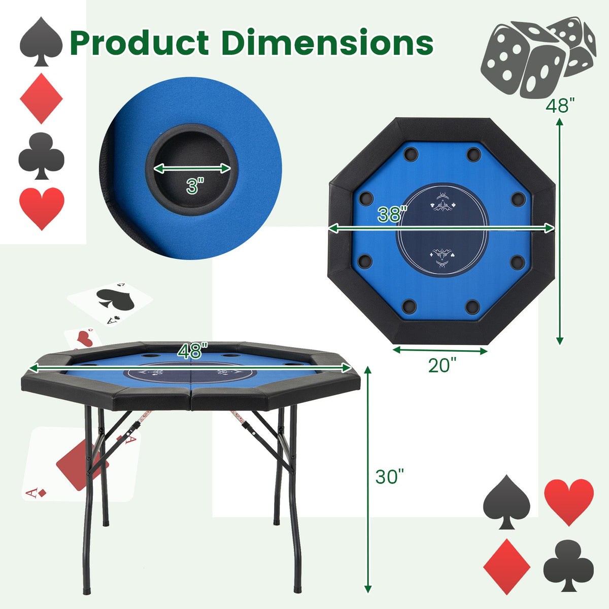 48" Foldable Poker Table with Padded Rails and Cup Holders
