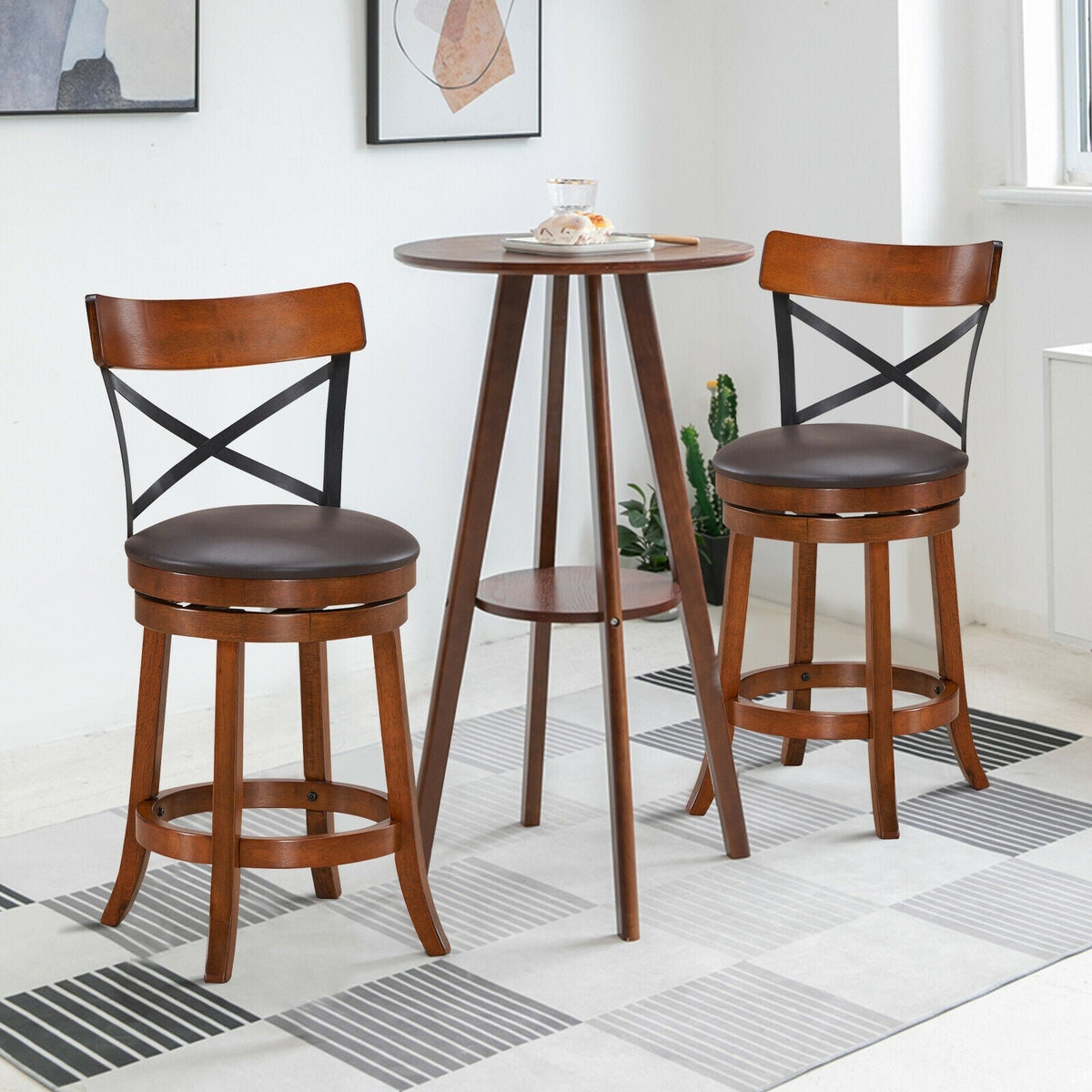 Swivel Bar Stools with Rubber Wood Legs - Set of 2