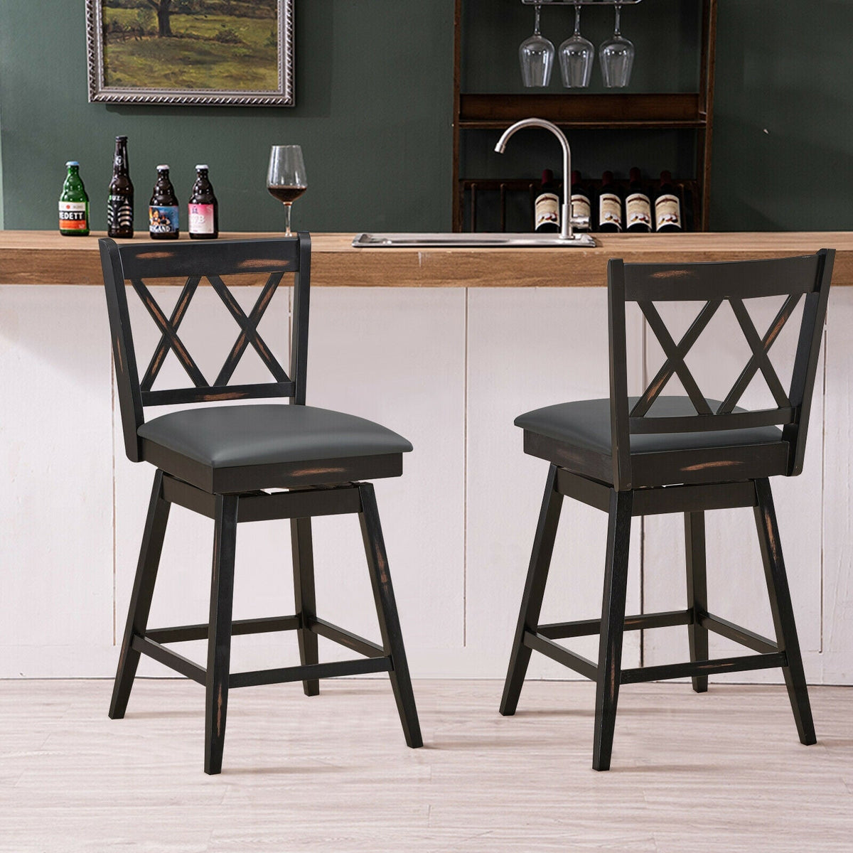 2-Piece Swivel Counter-Height Bar Stools with Rubberwood Legs