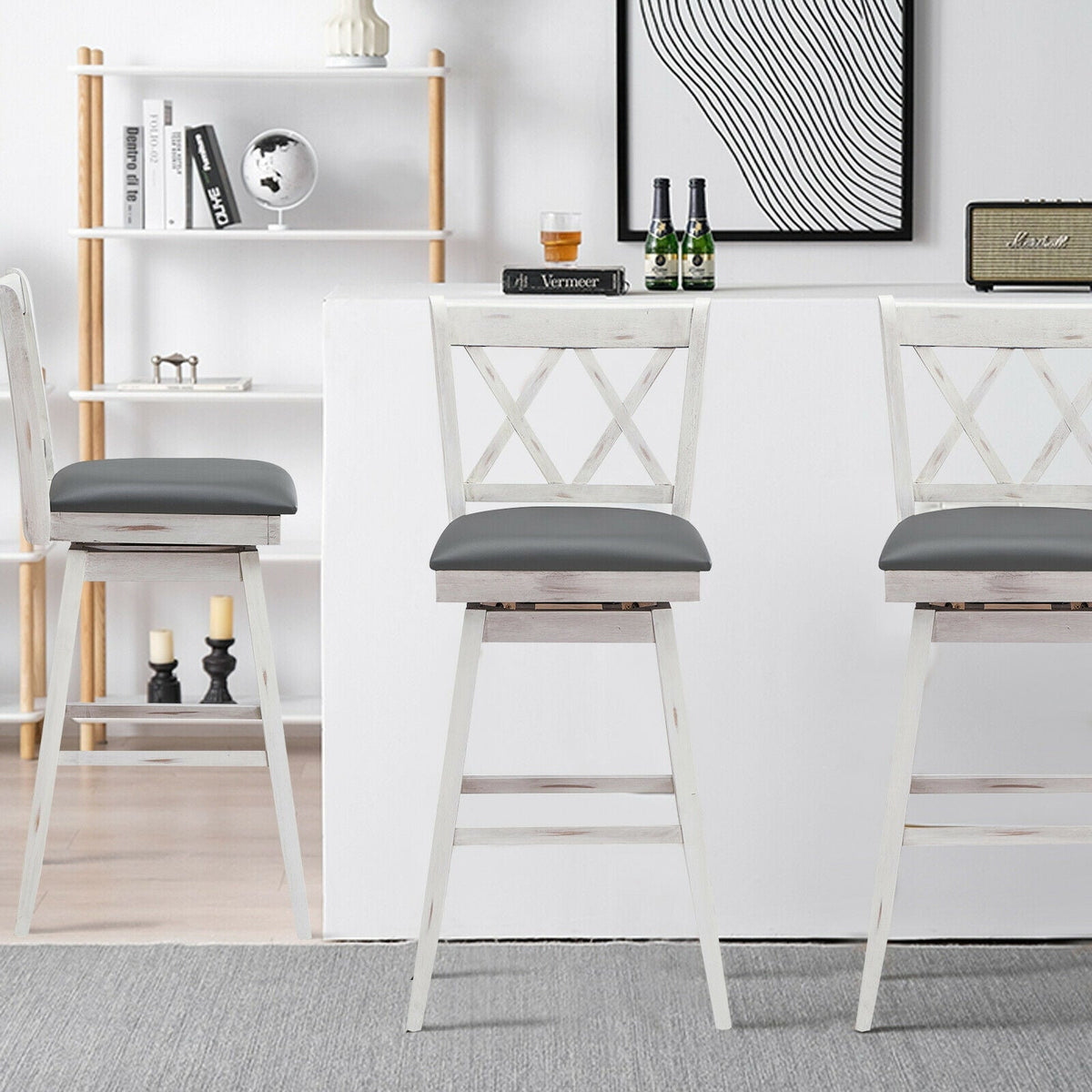 2-Piece Swivel Counter-Height Bar Stools with Rubberwood Legs