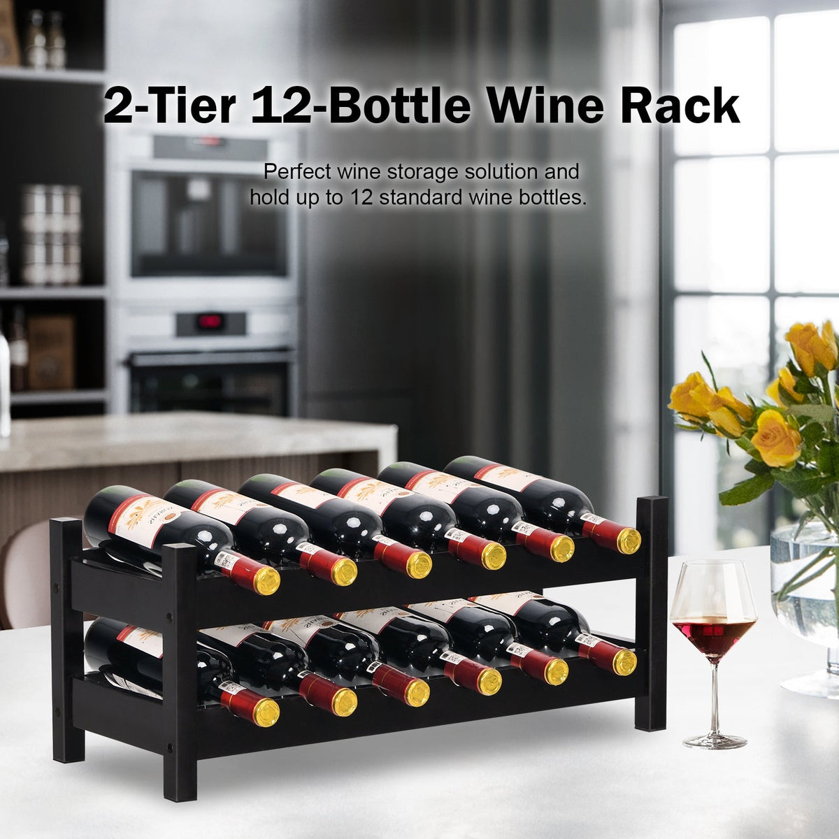 2-Tier 12 Bottles Bamboo Storage Shelf Wine Rack