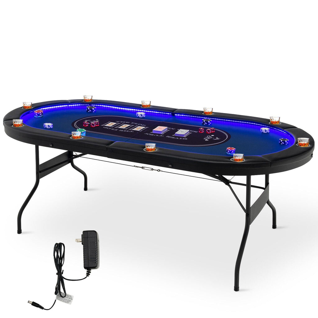 Foldable 10-Player Poker Table with LED Lights and USB Ports