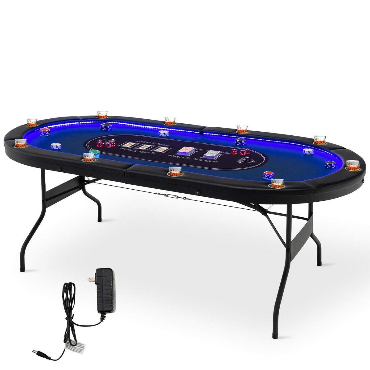 Foldable 10-Player Poker Table with LED Lights and USB Ports
