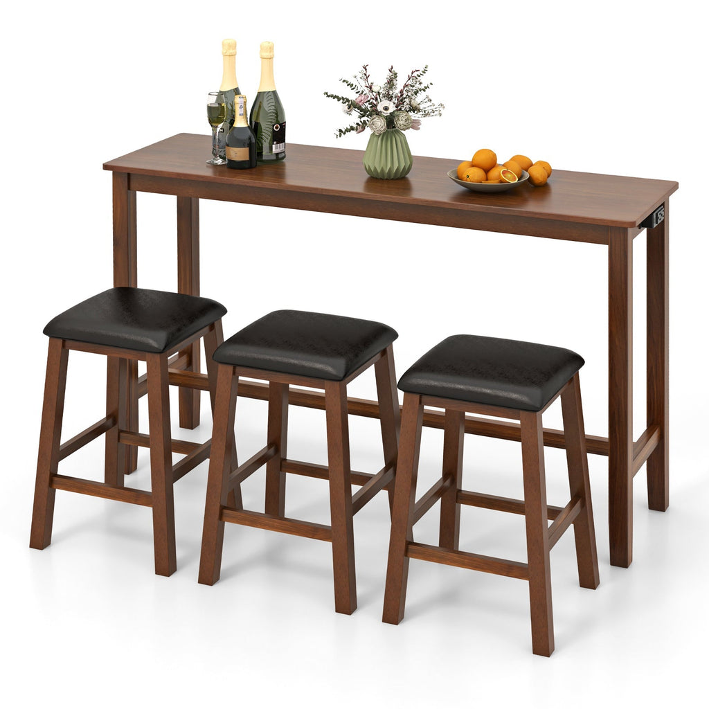 4-Piece Bar Table Set Counter-Height Table and 3 PVC Leather Upholstered Bar Stools-Brown