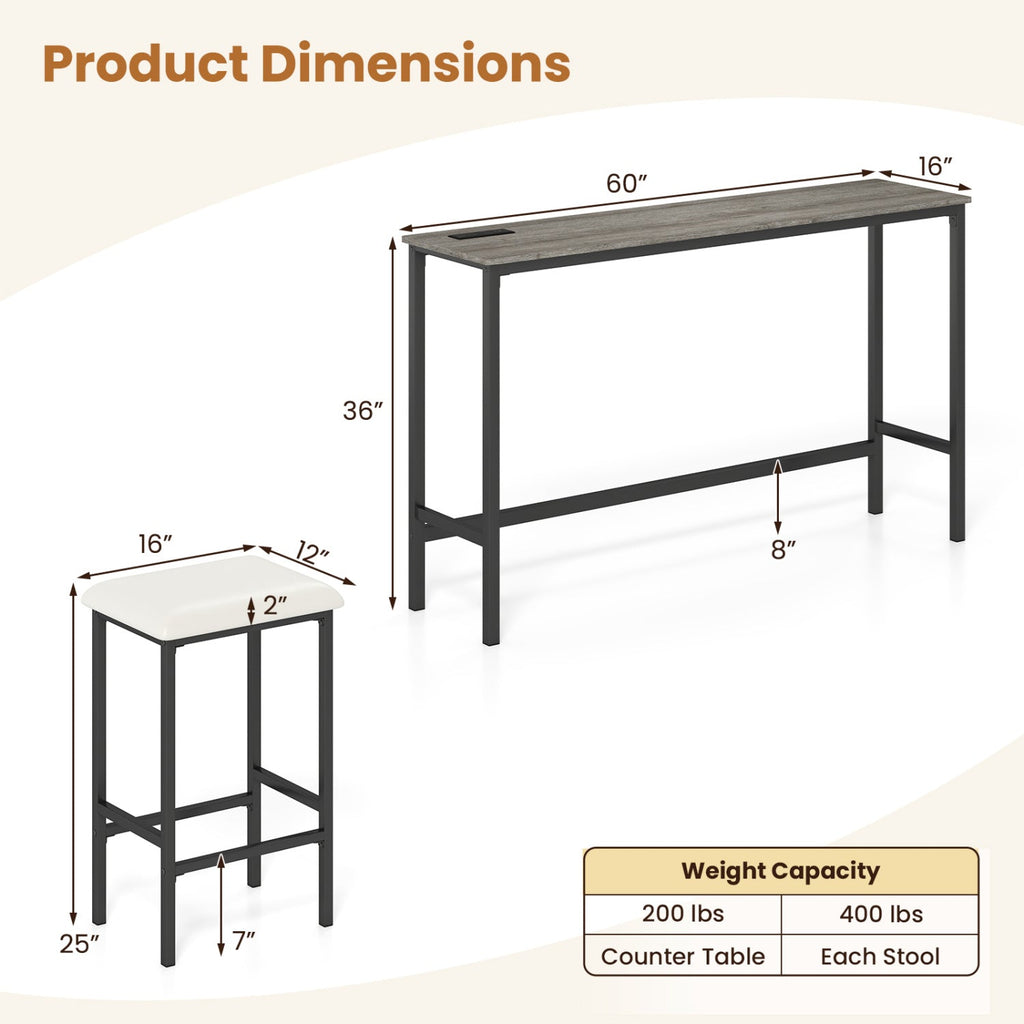 4 Pieces Counter Height Bar Table with Power Outlet with 3 Padded Stools