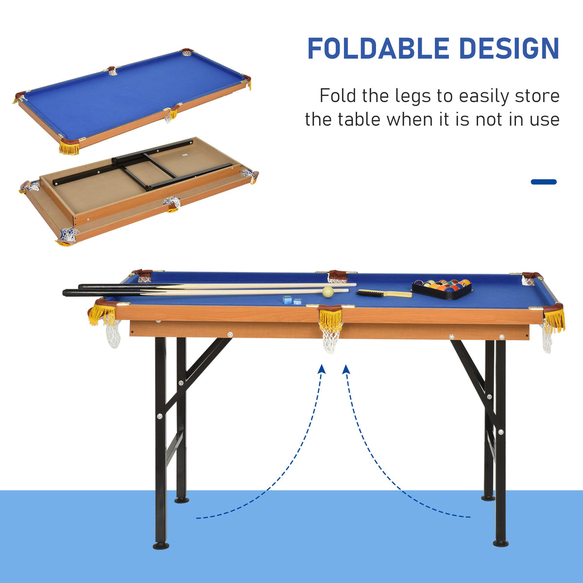 55 in Folding Pool Table | Blue Cloth & Accessories