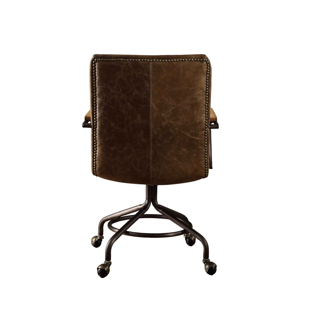 Harith Top-Grain Leather Office Chair with Wooden Armrests