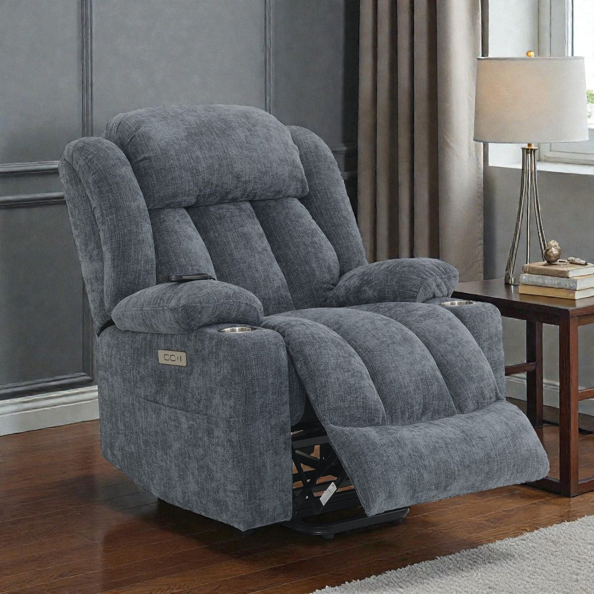 Blue Chenille Power Lift Recliner with Heat and Massage