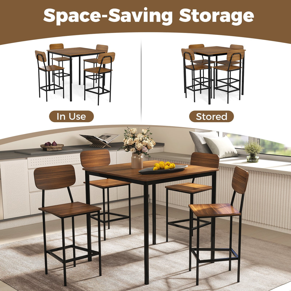 5 Pieces Industrial Dining Table Set with Counter Height Table and 4 Bar Stools-Coffee