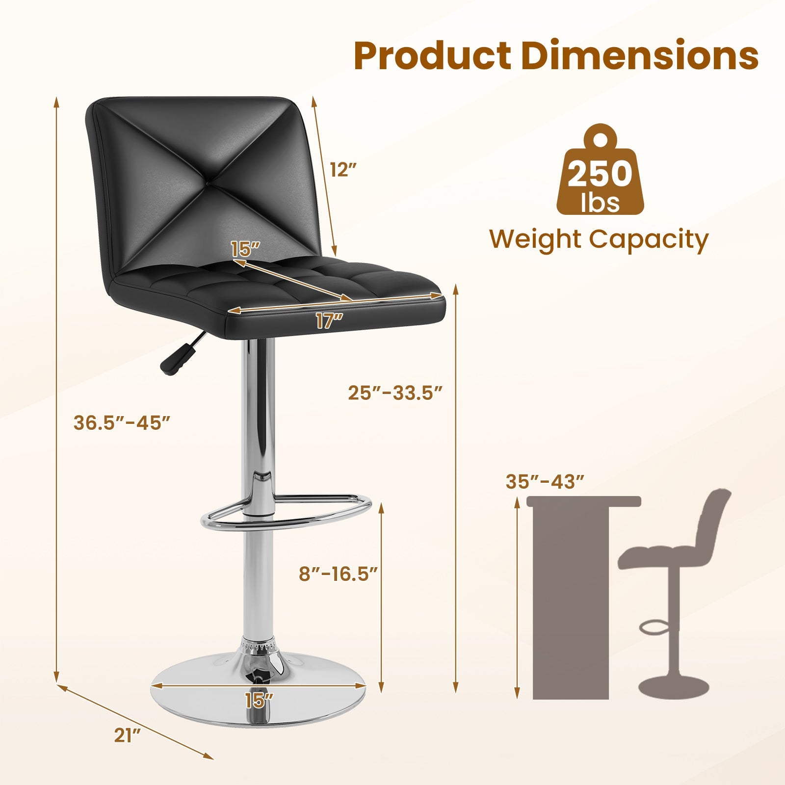 PU Leather Upholstered Bar Stools Set of 2 with Back and Adjustable Height-Black