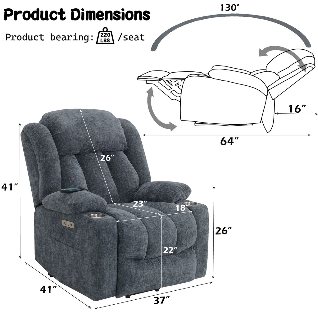 Blue Chenille Power Lift Recliner with Heat and Massage
