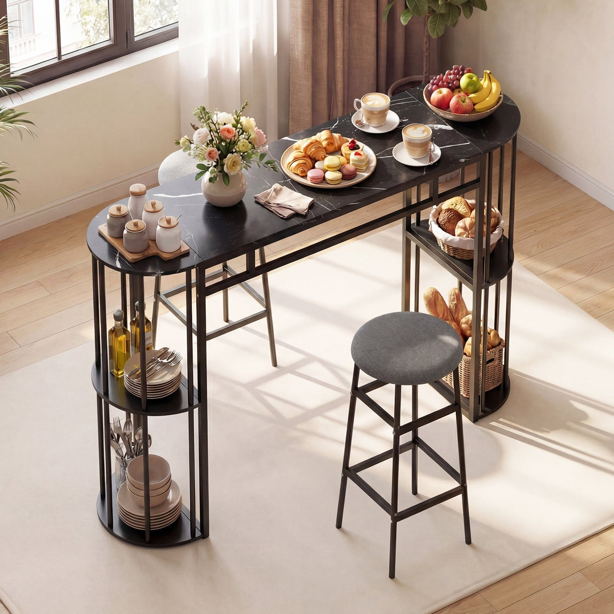 Dining Table with 2 Upholstered Bar Stools and Faux Marble Top