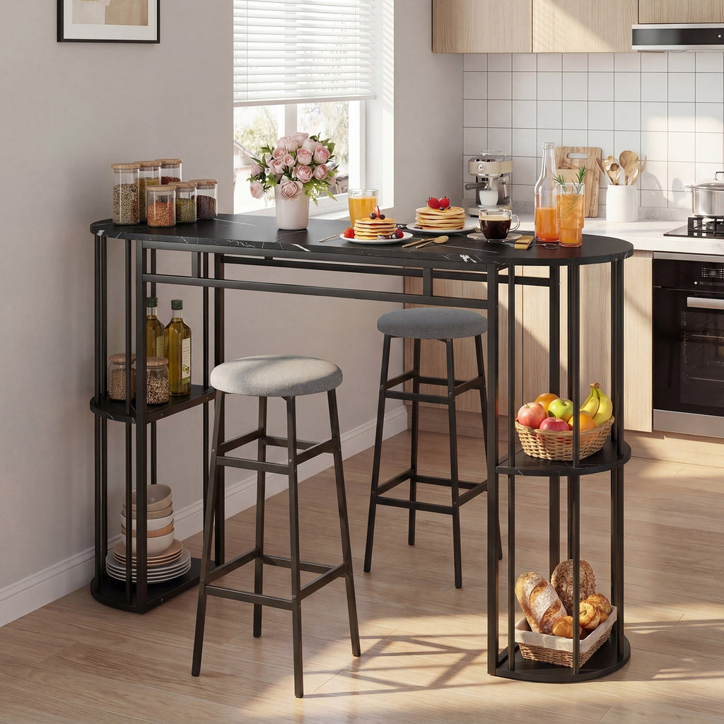 Dining Table with 2 Upholstered Bar Stools and Faux Marble Top
