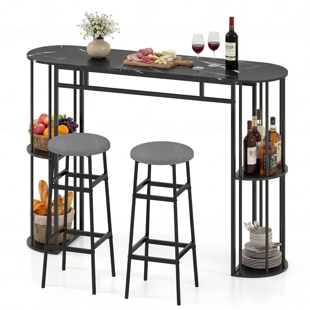 Dining Table with 2 Upholstered Bar Stools and Faux Marble Top