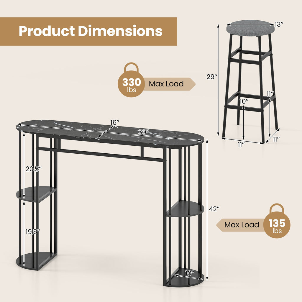 Dining Table with 2 Upholstered Bar Stools and Faux Marble Top