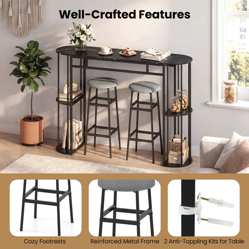 Dining Table with 2 Upholstered Bar Stools and Faux Marble Top