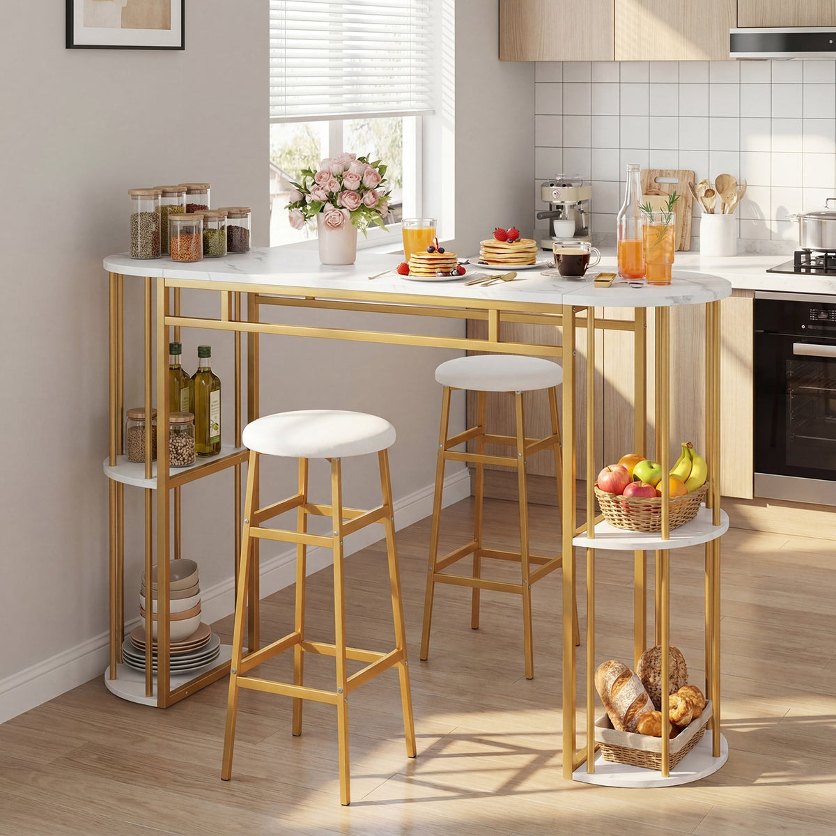 Dining Table with 2 Upholstered Bar Stools and Faux Marble Top