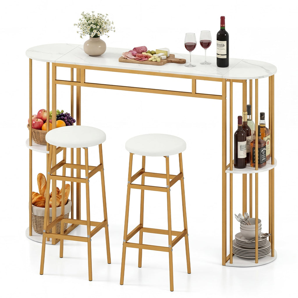 Dining Table with 2 Upholstered Bar Stools and Faux Marble Top