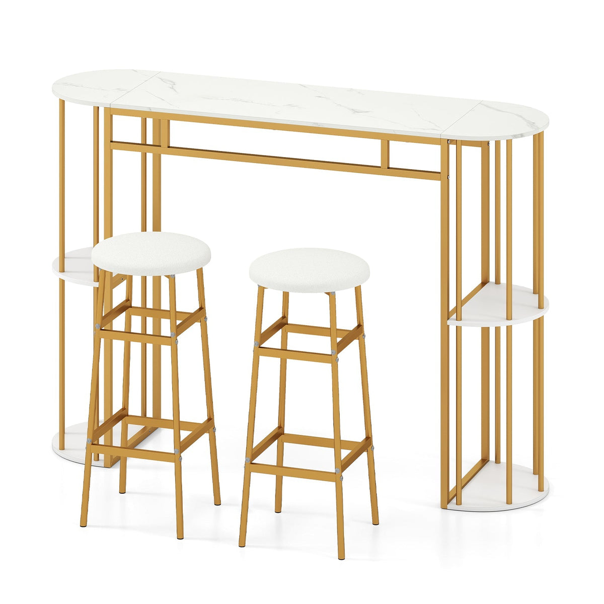 Dining Table with 2 Upholstered Bar Stools and Faux Marble Top