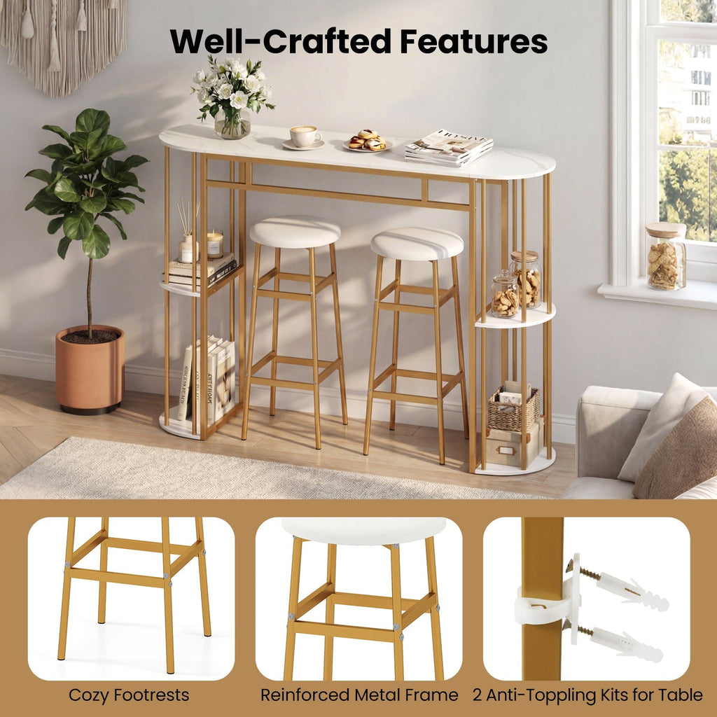 Dining Table with 2 Upholstered Bar Stools and Faux Marble Top
