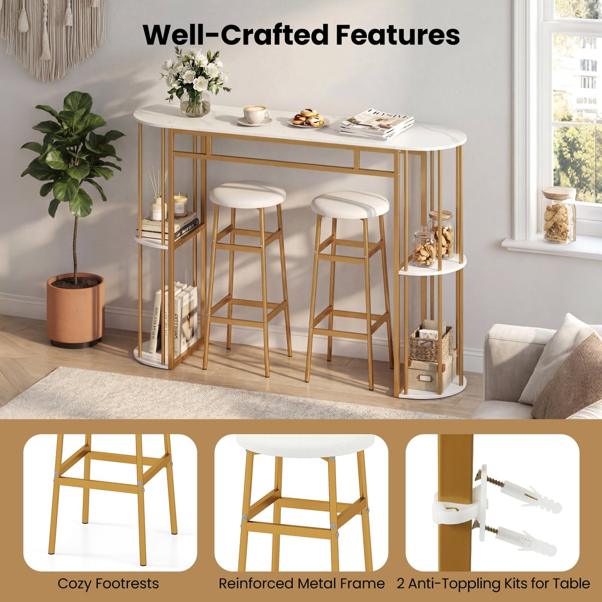 Dining Table with 2 Upholstered Bar Stools and Faux Marble Top