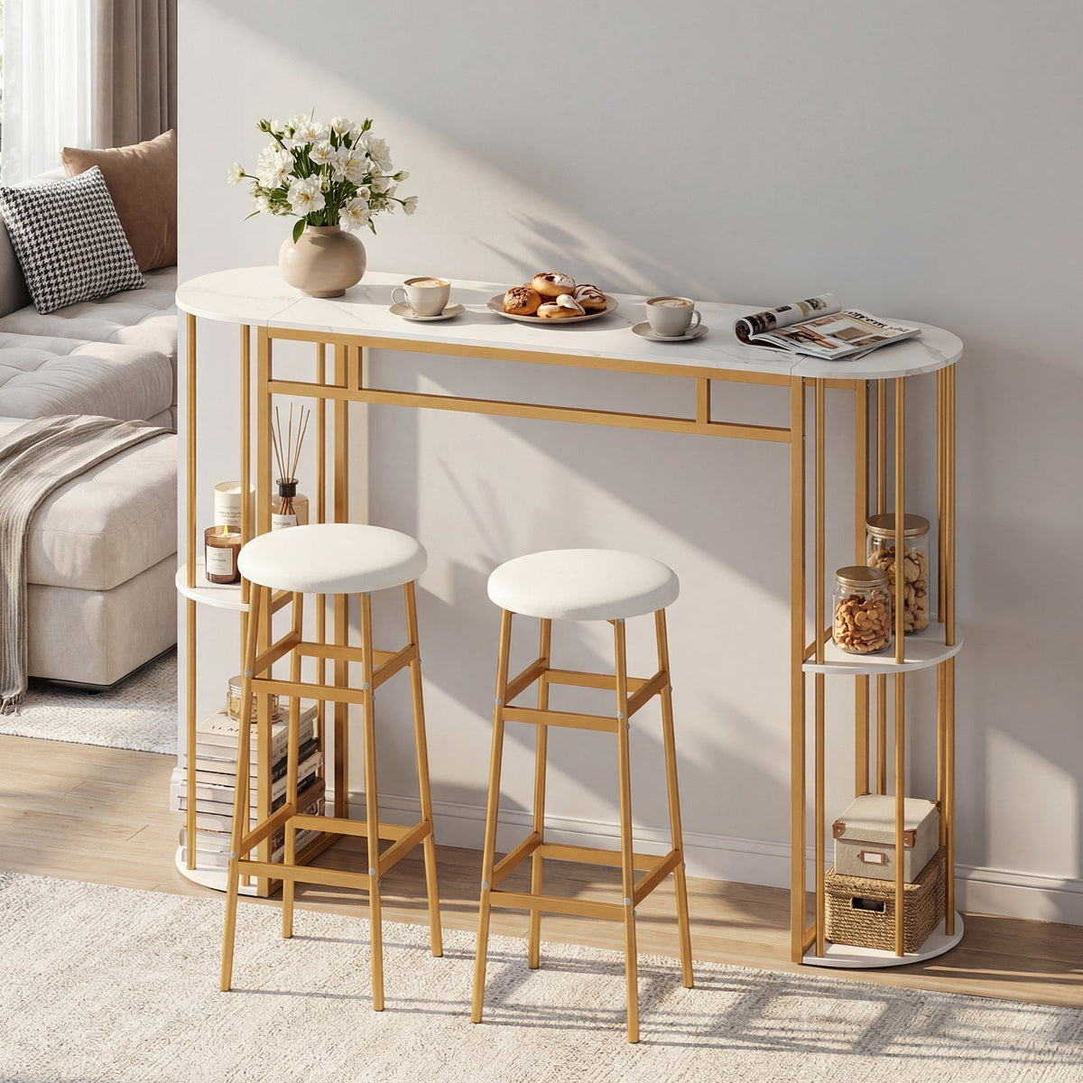 Dining Table with 2 Upholstered Bar Stools and Faux Marble Top