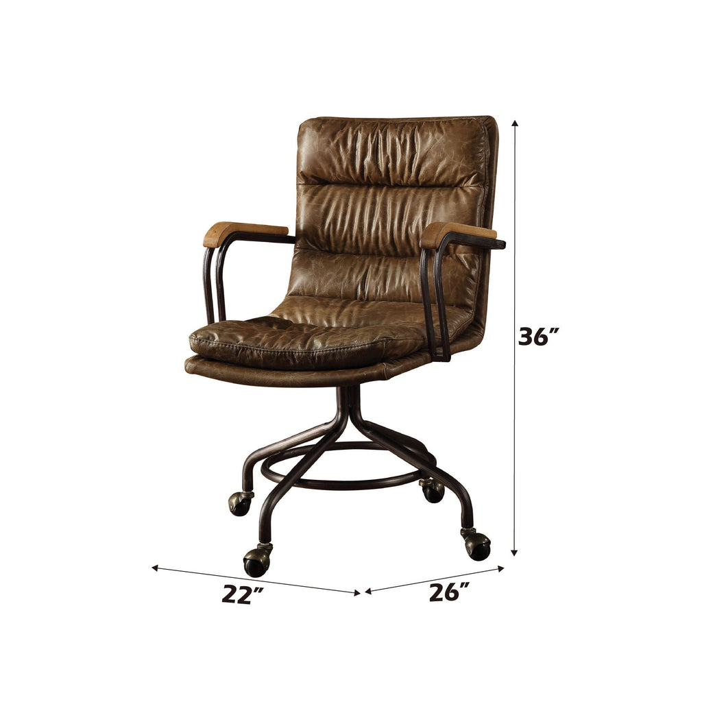 Harith Top-Grain Leather Office Chair with Wooden Armrests