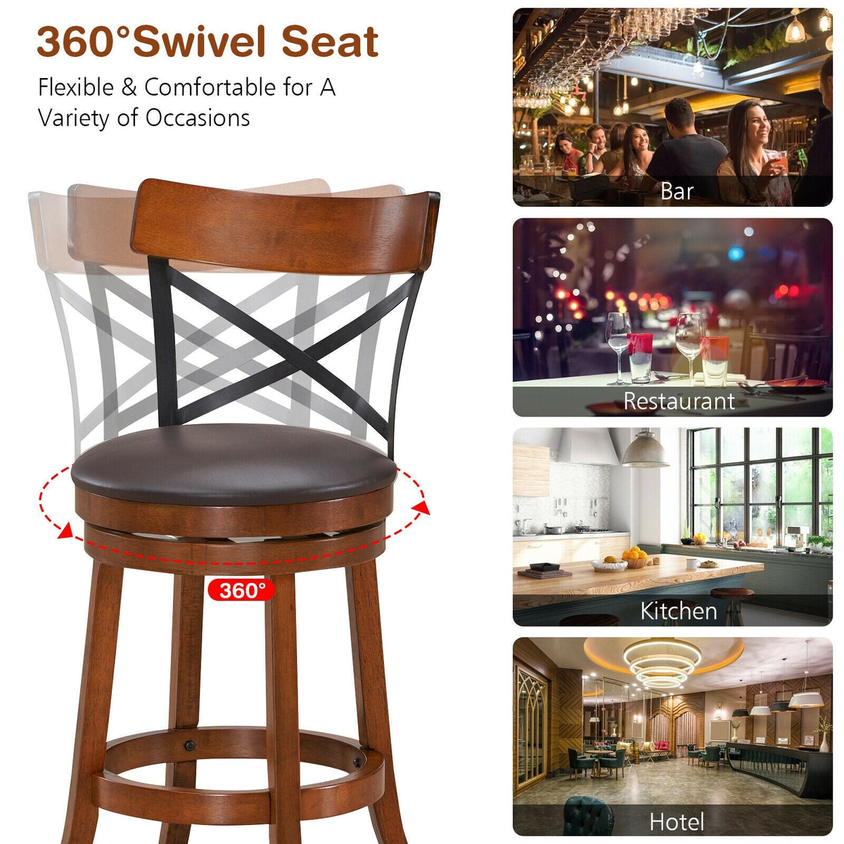 Swivel Bar Stools with Rubber Wood Legs - Set of 2