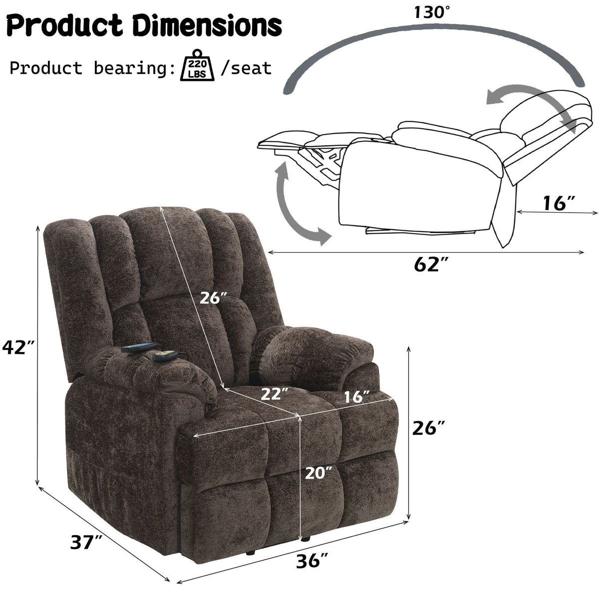 Brown Chenille Power Lift Recliner with Heat and Massage